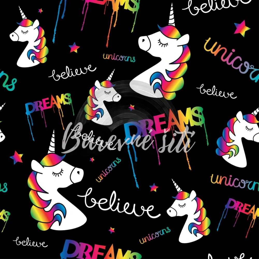 Sportovní úplet Silver light Unicorns na černé (E) 0,70m/ks