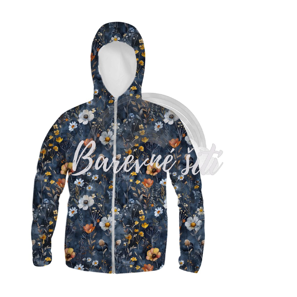 Zimní softshell Luční květy na jeansově modré PŘEDOBJEDNÁVKA (P)