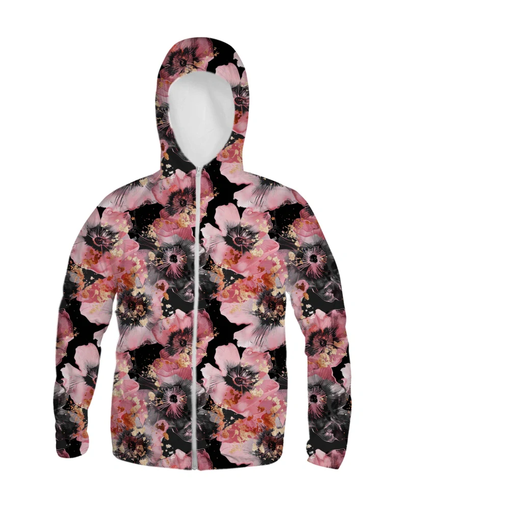 Zimní softshell Růžové květy s kousky zlata na černé PŘEDOBJEDNÁVKA (P)