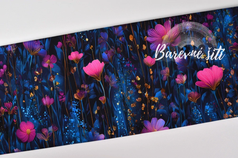 Úplet, Růžové kvítky, dlouhé stonky, modré pozadí (E) 1,50m/ks