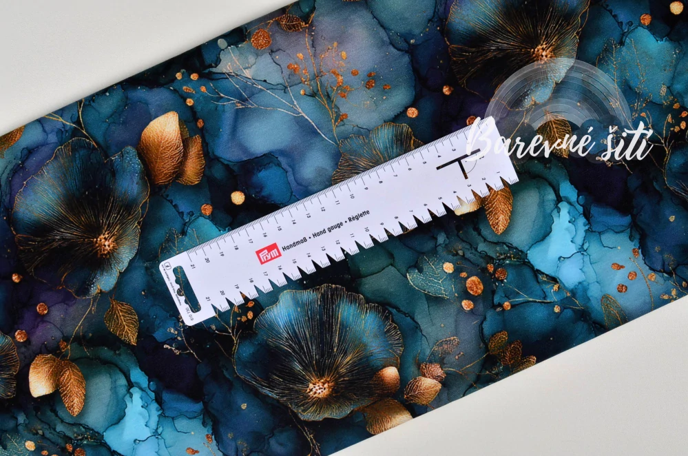 Teplákovina, Tmavě modrý mramor se zlatými rostlinkami (E) 0,63m/ks