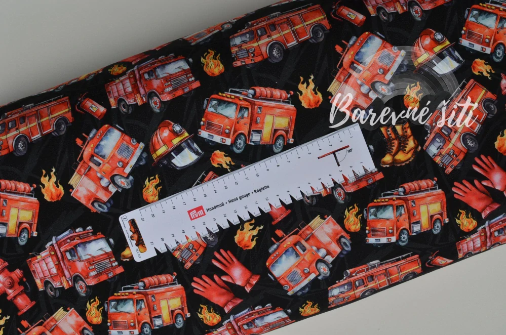 Teplákovina, Hasičská auta, ohýnky na černé (E) 0,97m/ks