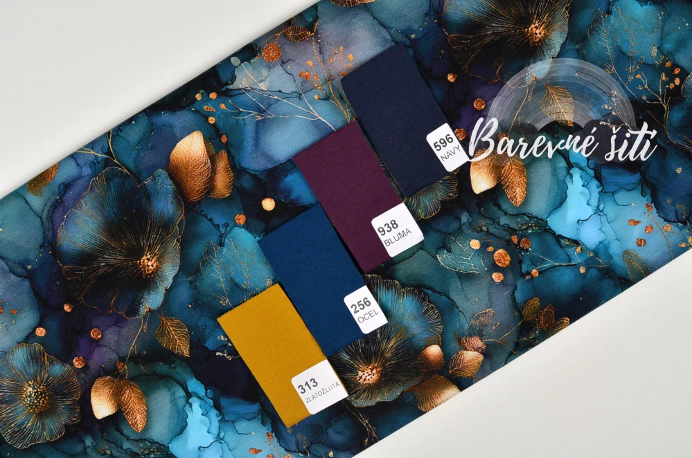 Teplákovina, Tmavě modrý mramor se zlatými rostlinkami (E) 0,63m/ks