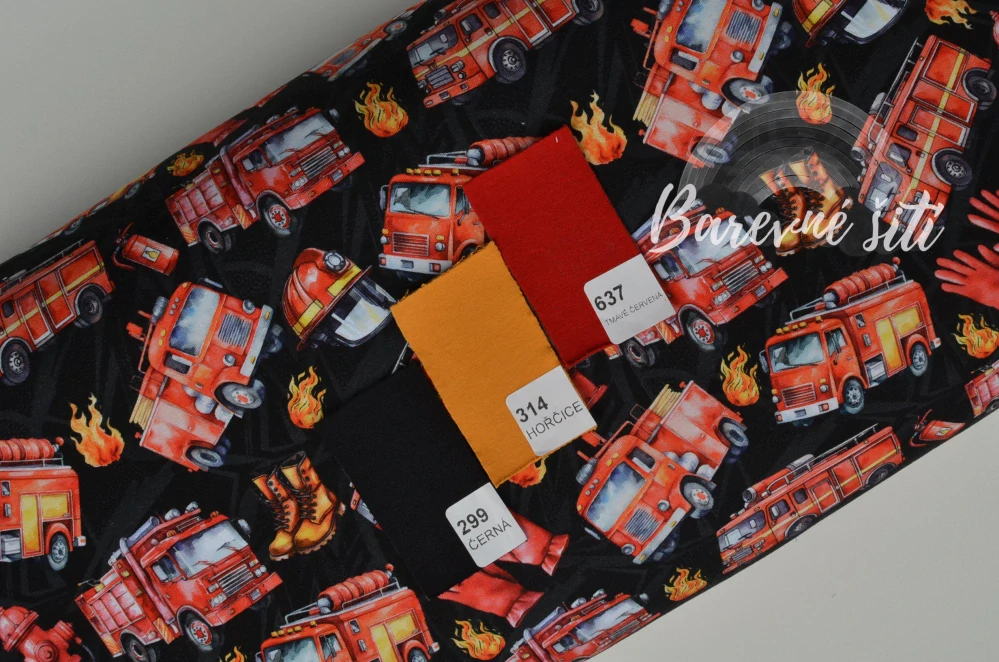 Teplákovina, Hasičská auta, ohýnky na černé (E) 0,97m/ks