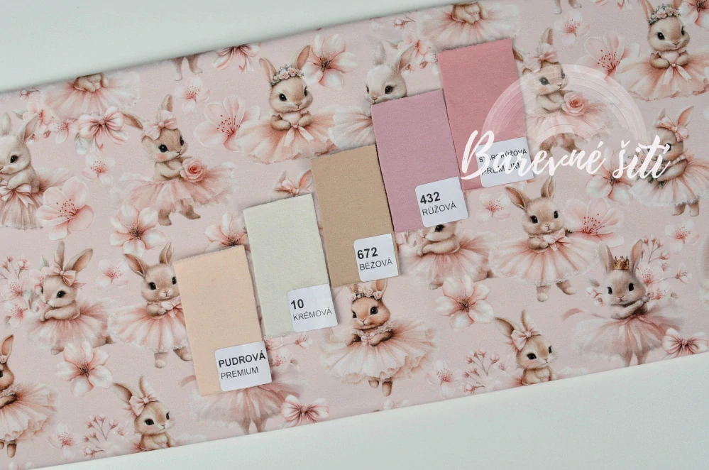 Teplákovina, Zaječice v sukýnce, růžové květy, doplňková (E)