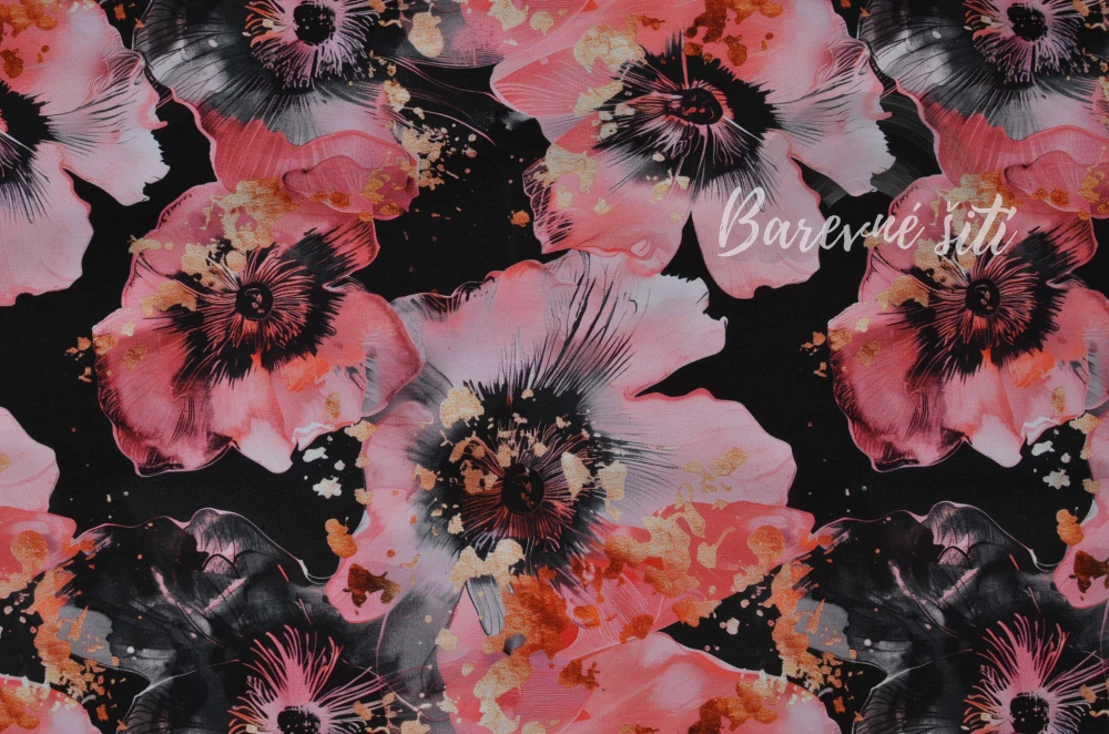 Teplákovina, Růžové květy s kousky zlata na černé (E)