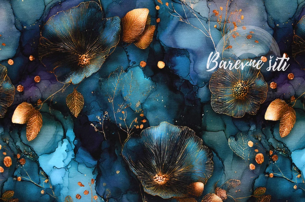 Teplákovina, Tmavě modrý mramor se zlatými rostlinkami (E) 0,63m/ks