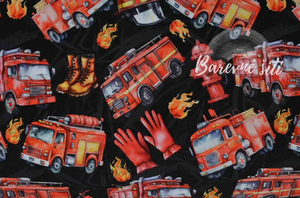Teplákovina, Hasičská auta, ohýnky na černé (E) 0,97m/ks