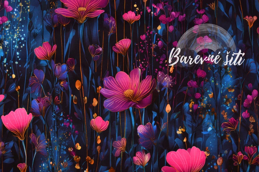 Úplet, Růžové kvítky, dlouhé stonky, modré pozadí (E) 1,50m/ks