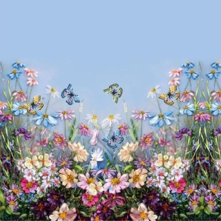 Úplet, Květiny, motýlci, modré pozadí, panel (E)