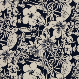 Bavlněný satén Ibišky a tropické květy, navy (E) 1,80m/ks