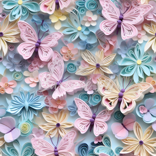 Úplet, 3D pasteloví motýlci a květy (E)