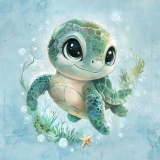 Teplákovina Roztomilá želvička, modrozelená, panel (E)