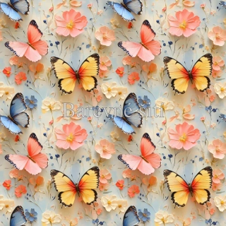 Úplet, 3D Motýlci, žlutá, oranžová, modrá (E)