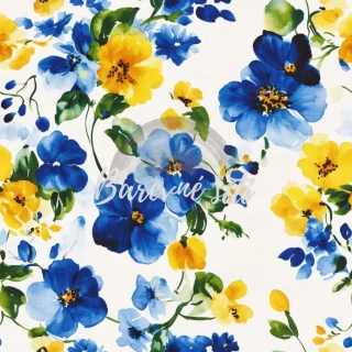 Viskozový úplet, Žluté a modré květy na bílé (E) 0,98m/ks