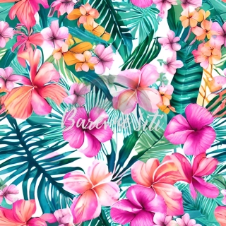 Silky, Růžové tropické květy, zelené listy (E)