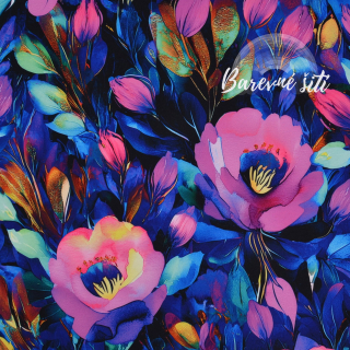 Zimní softshell Růžové květy, zlatomodré lístky (E)