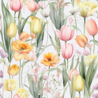 Úplet, Pastelové jarní květy, tulipány na světlé (E)