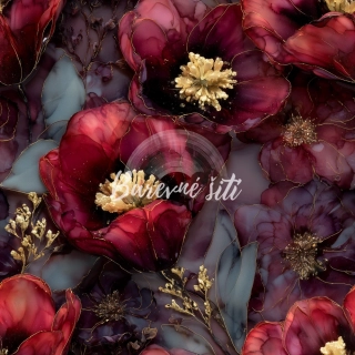 Viskozový úplet, Luxusní vínové květy se zlatem (E)