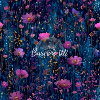 Úplet, Růžové kvítky, dlouhé stonky, modré pozadí (E) 1,50m/ks