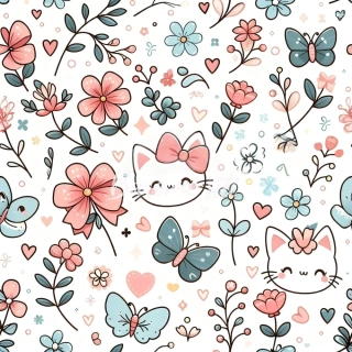 Teplákovina, Kočičky, květiny, motýlci na bílé (E)